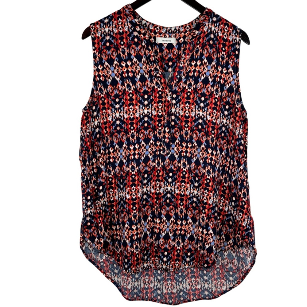 Mandee Red & Blues Geometric Pattern Sleeveless 3/4 Button Down V-Neck Blouse XL